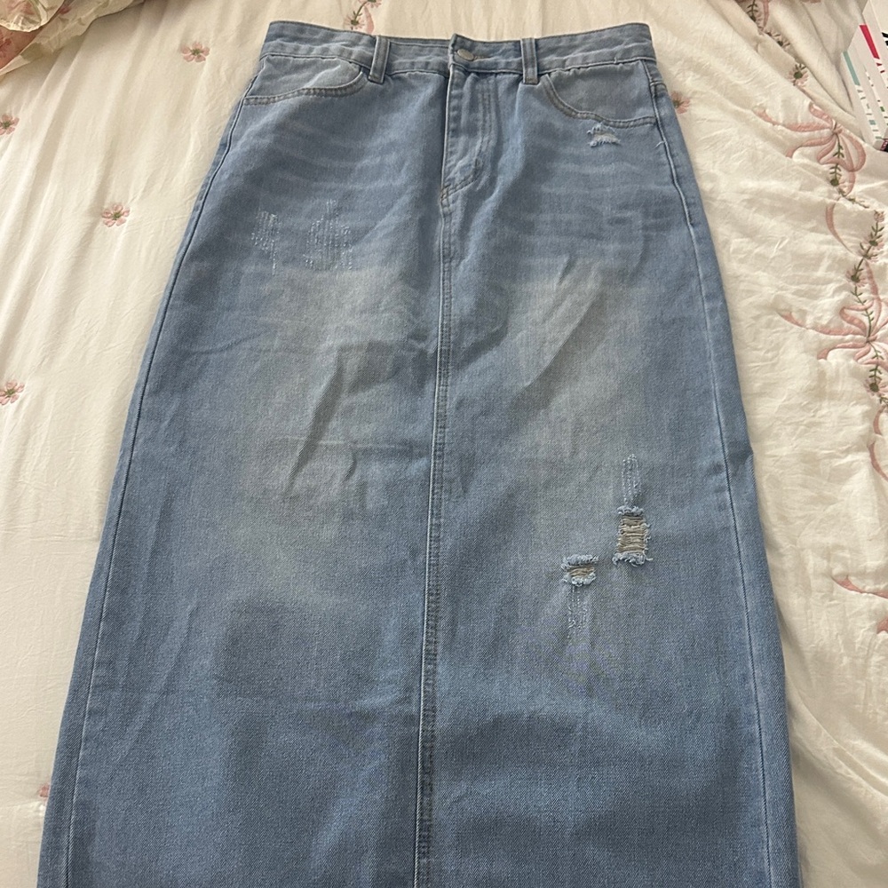 SHEIN Light Blue Distressed Denim Maxi Skirt